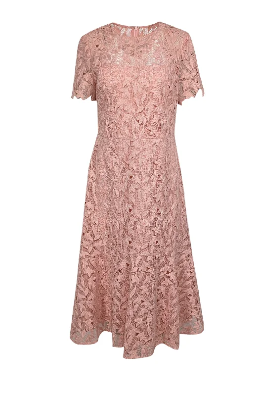 Shoshanna - Pink Embroidered Lace Short Sleeve Midi Dress Sz 12