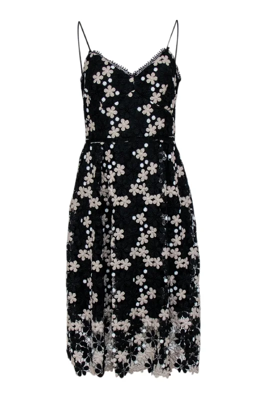 Shoshanna - Black w/ Beige & White Floral Lace Midi Dress Sz 4