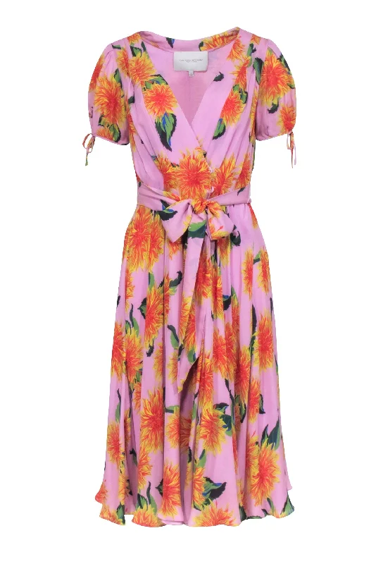 Carolina Herrera - Pink w/ Orange Floral Print Silk Wrap Midi Dress Sz 2