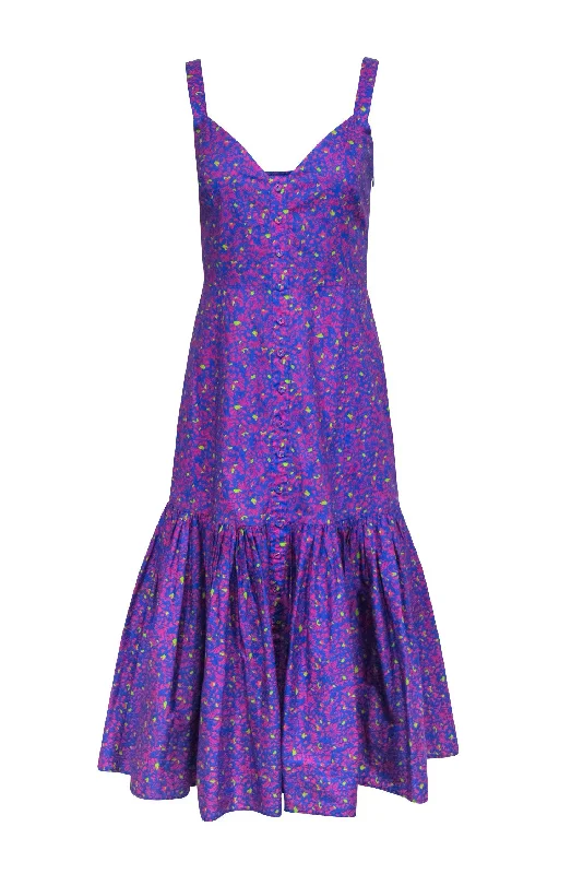 Tanya Taylor - Blue & Pink Floral Print Sleeveless Midi Dress Sz 4