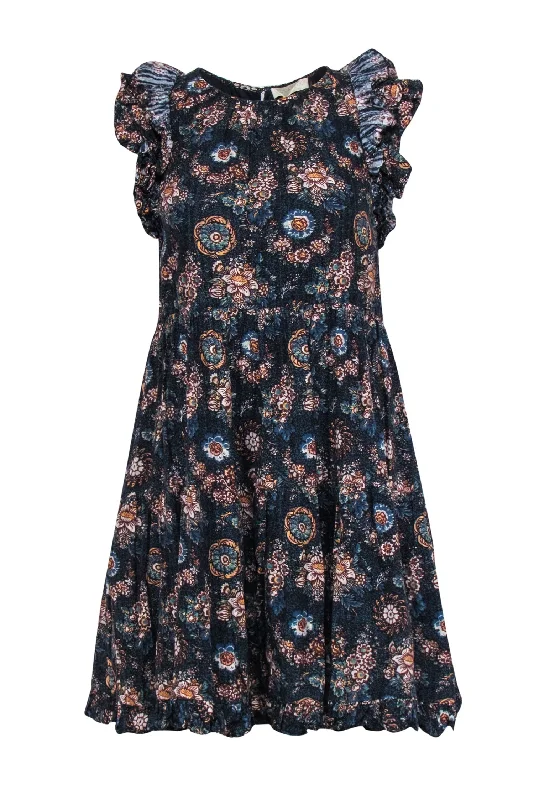 Ulla Johnson - Navy Floral Print Sleeveless Ruffled Mini Dress Sz 4