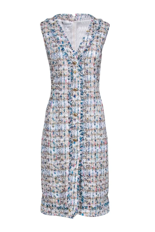 Santorelli - White, Teal, & Metallic Gold Tweed Midi Dress Sz 14