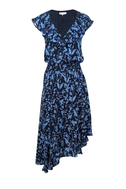 Parker - Navy & Blue Floral Print Silk Asymmetrical Midi Dress Sz M