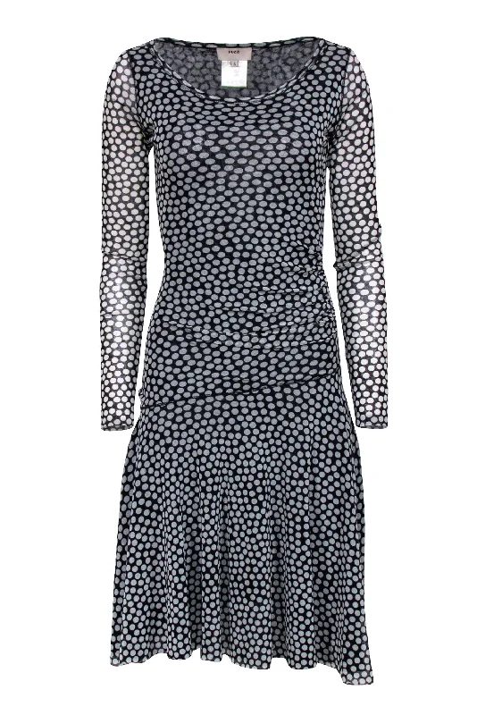 Fuzzi - Black & White Polka Dot Midi Dress w/ Ruching Sz S