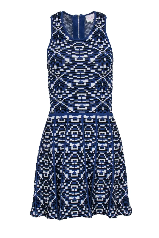 Parker - Blue & White Abstract Geometric Pattern Mini Dress Sz S