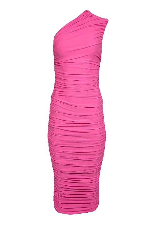 Solace London - Pink Ruched Crepe One Shoulder Midi Dress Sz 2