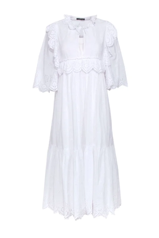 Stella Nova - White Cotton Pointelle Detailed Midi Dress Sz 2