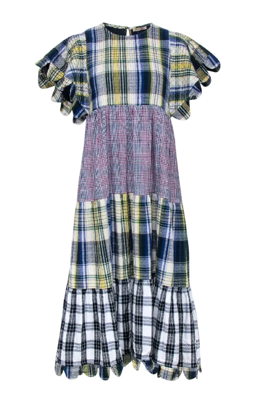 Stella Nova - Blue & Multicolor Mixed Plaid Print Tiered Midi Dress Sz 4