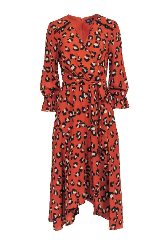 Tahari - Orange Leopard Print Ruffled Midi Dress Sz 8