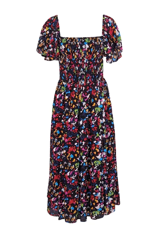 Tanya Taylor - Black w/ Rainbow Confetti Print Silk Midi Dress Sz S