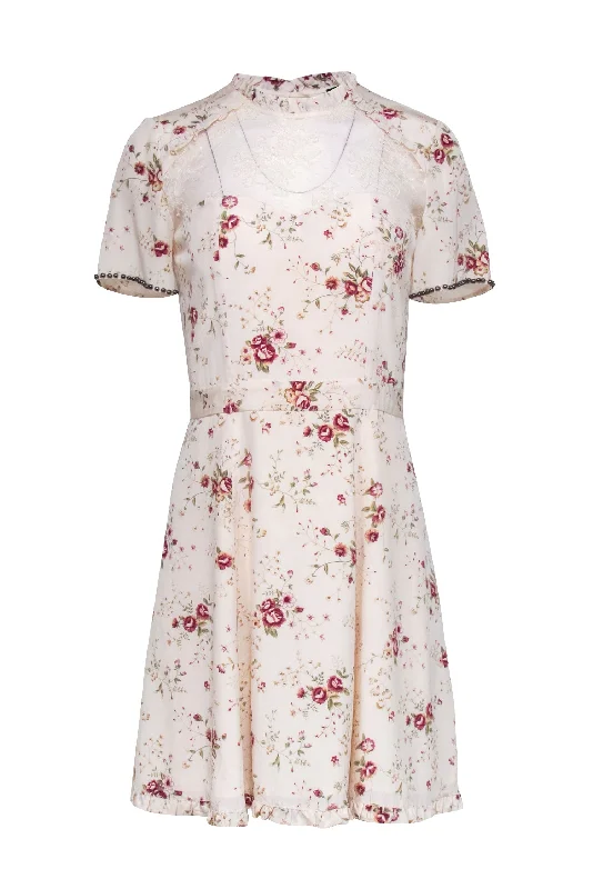 The Kooples - Cream Floral Silk Short Sleeve Mini Dress Sz XS