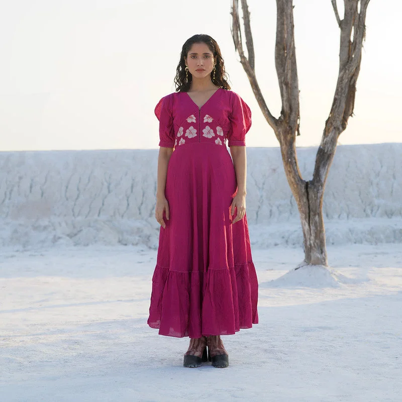 Chanderi Silk Maxi Dress | Hand Embroidery | Magenta