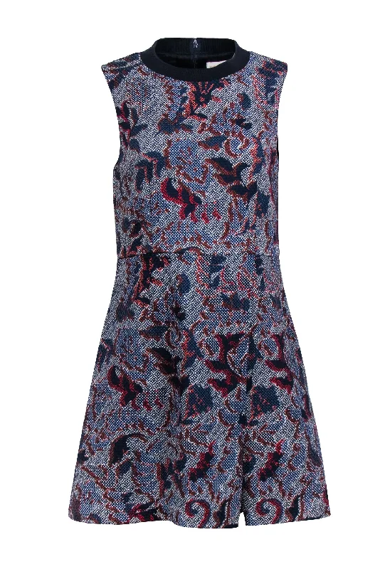 Tory Burch - Navy & Red Printed Tweed Sleeveless Midi Dress Sz 10