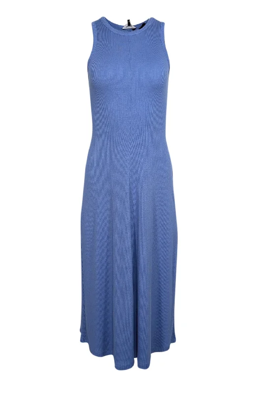 Theory - Blue Ribbed Knit Fit & Flare Midi Dress Sz P