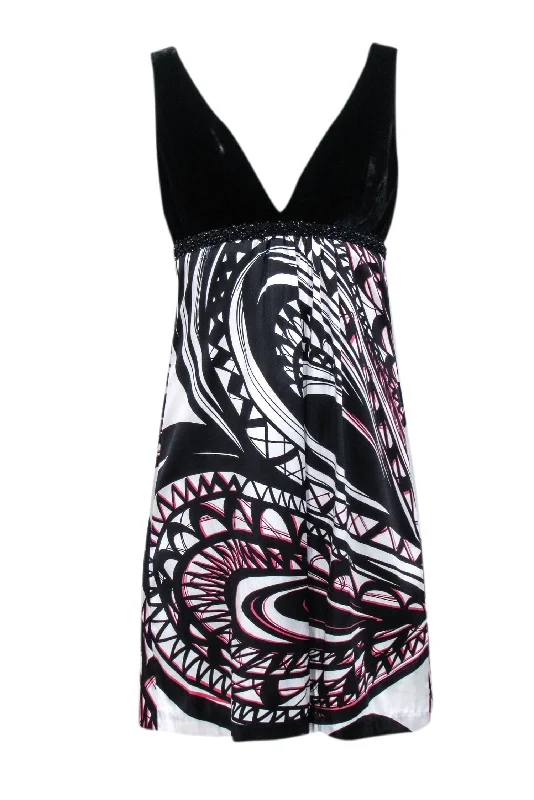 Trina Turk - Black Velvet Printed Mini Dress w/ Beaded Waist Sz 4