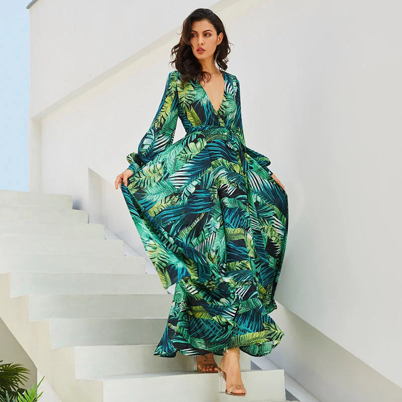 BerriesJam - 2024 Tropical Green Floral Printed Boho Maxi Dress