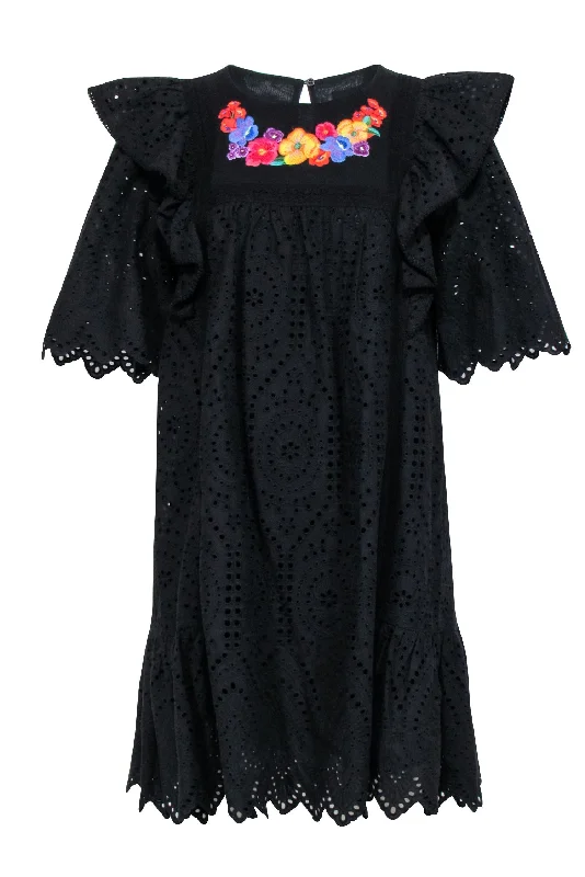 Twinset - Black Eyelet Mini Dress w/ Multicolored Floral Embroidery Sz 10