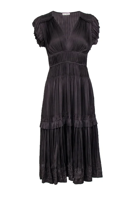 Ulla Johnson - Dark Brown Satin Gathered Tiered Midi Dress Sz 4