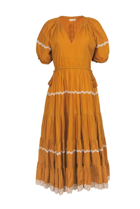 Ulla Johnson - Mustard Yellow Cotton Tiered Midi Dress w/ Lace Trim Sz 6