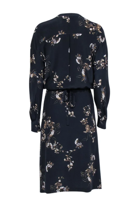 Vince - Dark Navy Floral Print Silk Midi Dress Sz L