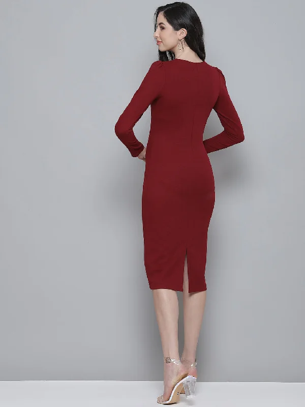 Maroon Rib Puff Sleeves Square Neck Bodycon Dress