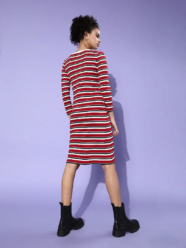 Red Multi Stripe Rib Bodycon Dress