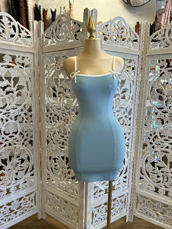 Sea Blue Ribbon Strap Bodycon Dress- Stretchy