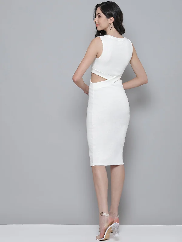 White Rib Side Cut-Out Bodycon Dress