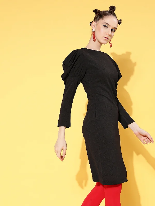 Women Black Canton Puff Sleeves Mini Bodycon Dress