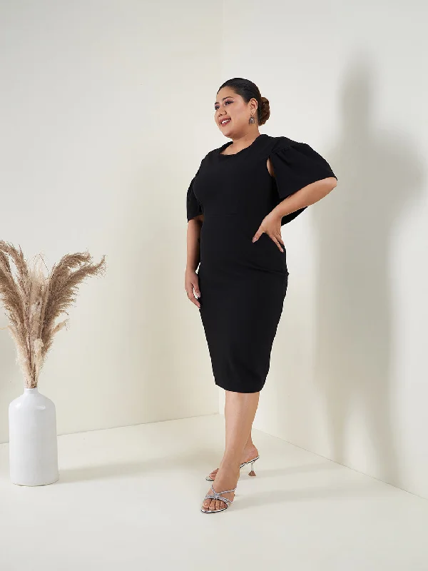 Women Black Cape Sleeves Bodycon Midi Dress