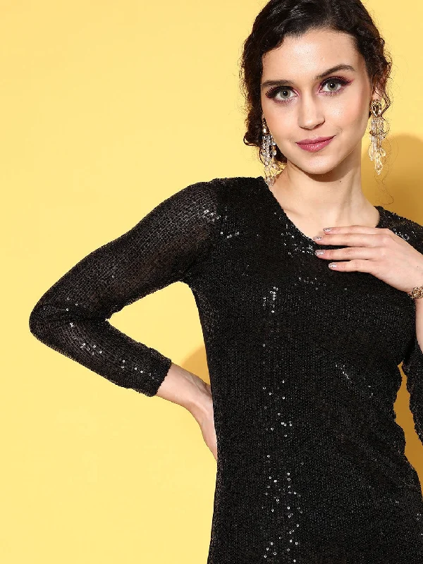 Women Black Sequin Bodycon Midi Dress