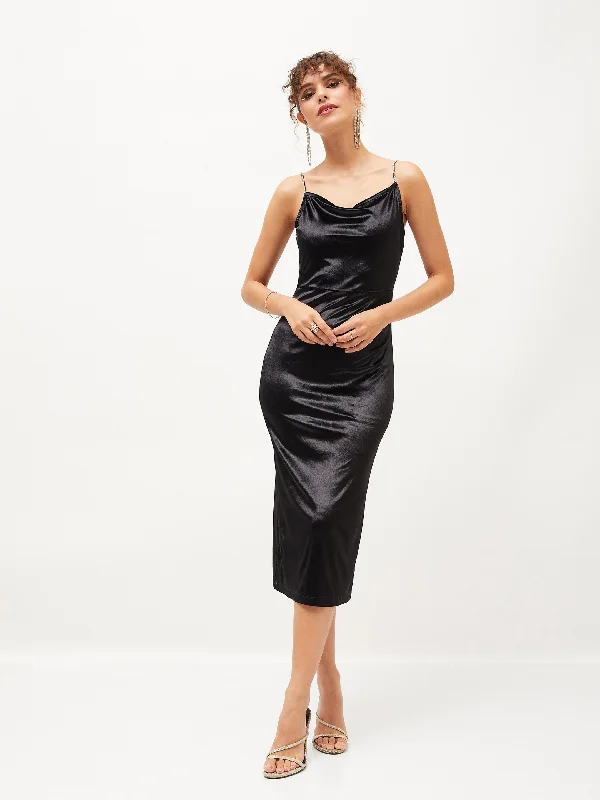 Women Black Velvet Cowl Neck Bodycon Dress