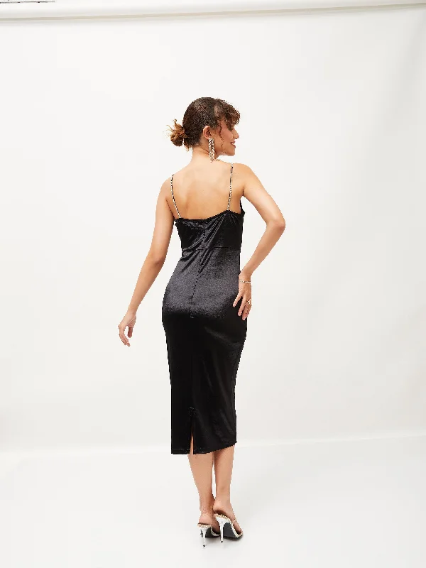 Women Black Velvet Cowl Neck Bodycon Dress