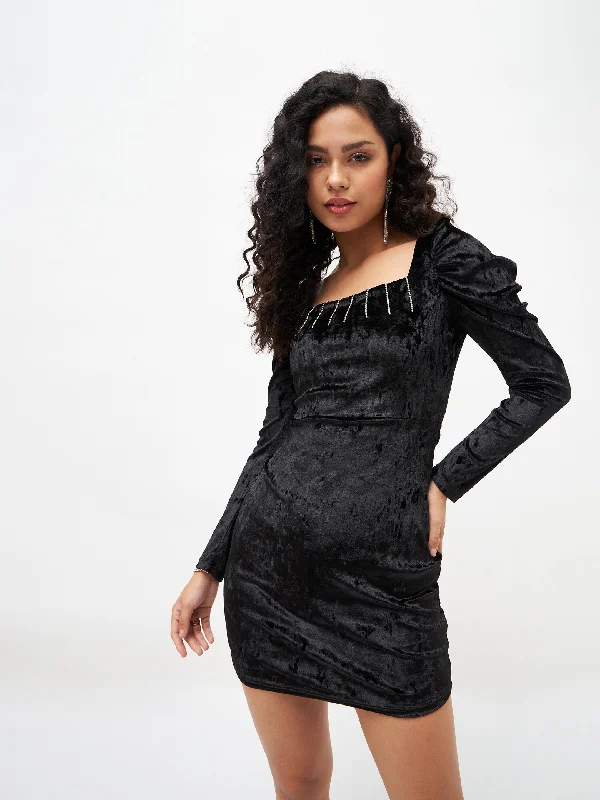 Women Black Velvet Puff Sleeves Bodycon Dress