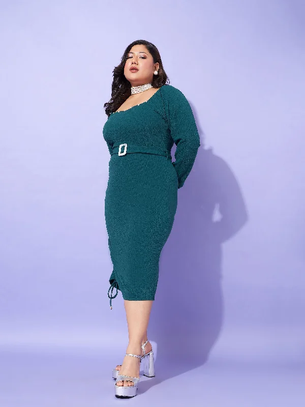 Women Emerald Solid Square Neck Bodycon Dress