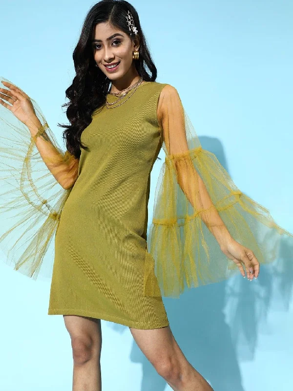 Green Tulle Flare Sleeve Bodycon Dress