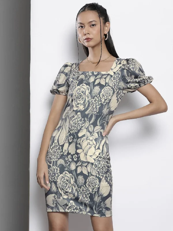 Women Grey Floral Scuba Bodycon Dress