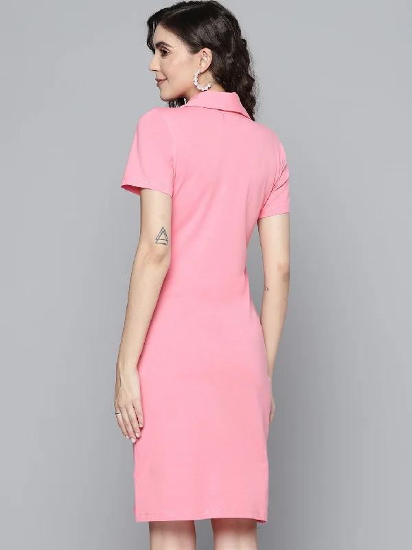 Women Pink Polo Neck Bodycon Dress