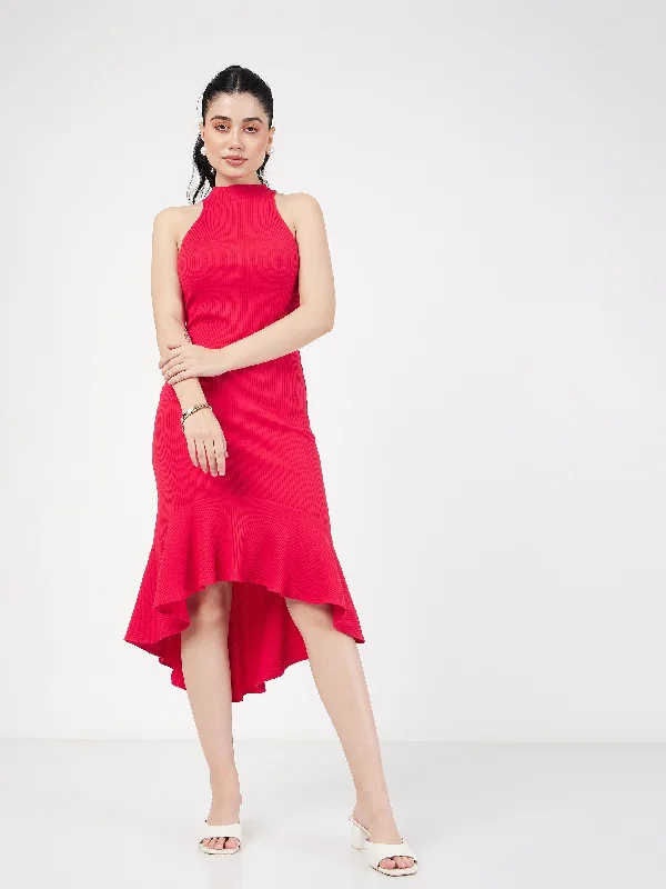 Women Red Rib Fish Frill Bodycon Midi Dress