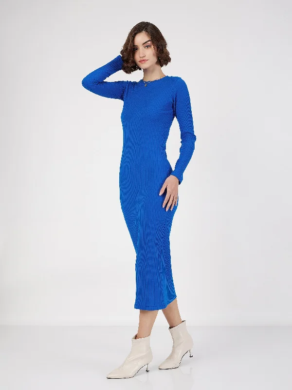 Women Royal Blue Rib Bodycon Midi Dress