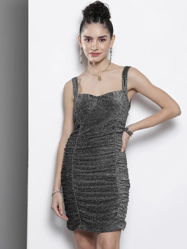 Women Silver Lurex Ruched Bodycon Dress