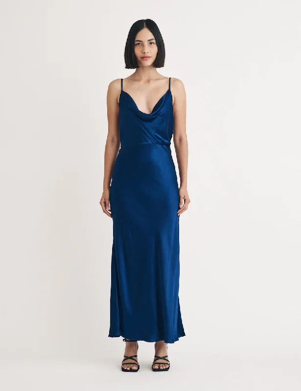 Blue Satin Cowl Neck Bridesmaid Trixie Midi Dress