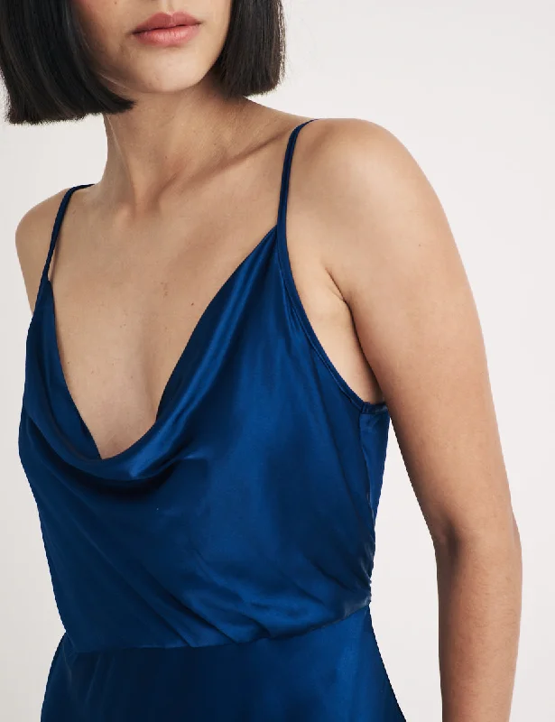 Blue Satin Cowl Neck Bridesmaid Trixie Midi Dress