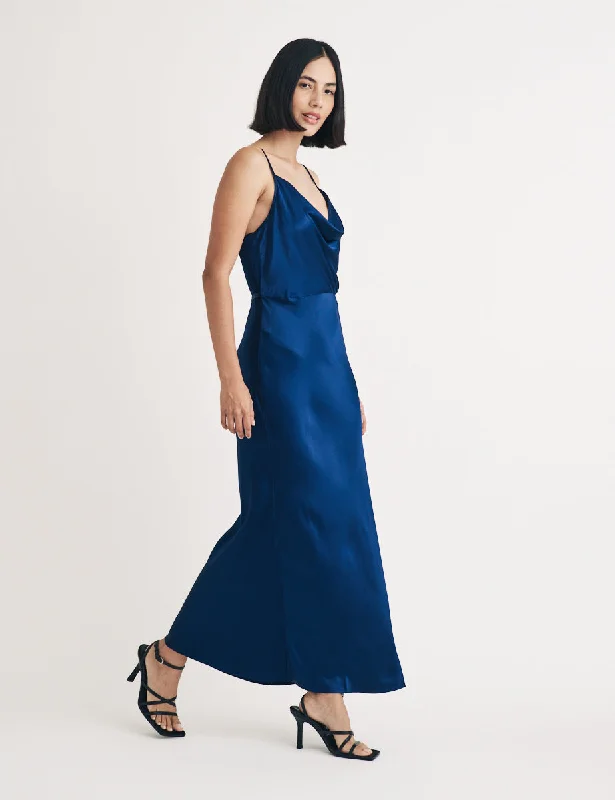 Blue Satin Cowl Neck Bridesmaid Trixie Midi Dress