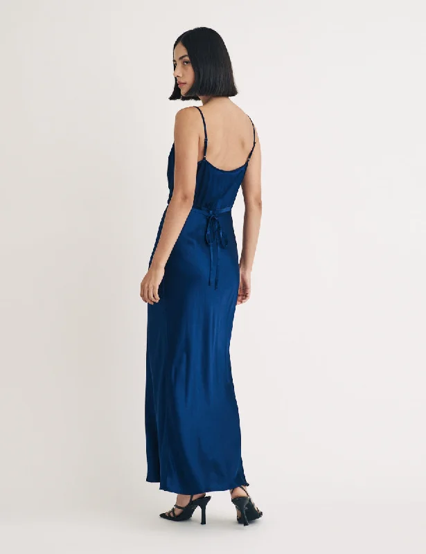 Blue Satin Cowl Neck Bridesmaid Trixie Midi Dress