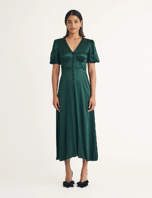 Green Satin Bridesmaid Tyra Midi Dress