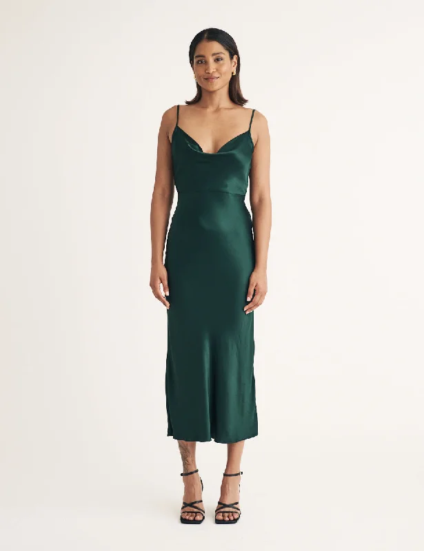 Green Satin Cowl Neck Bridesmaid Trixie Midi Dress