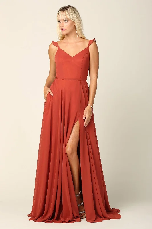 Long Bridesmaids Ruffle Sleeve Chiffon Gown Sale