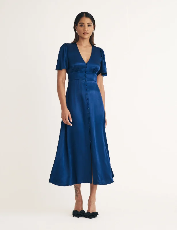 Navy Satin Bridesmaid Erin Midi Dress