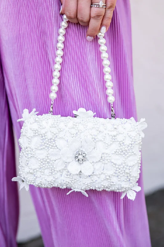 Going To The Chapel White Beaded Floral Applique Purse FINAL SALE